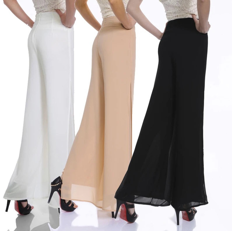 Womens Chiffon Long Pants Flare Trousers Split Wide Leg Divided Skirts