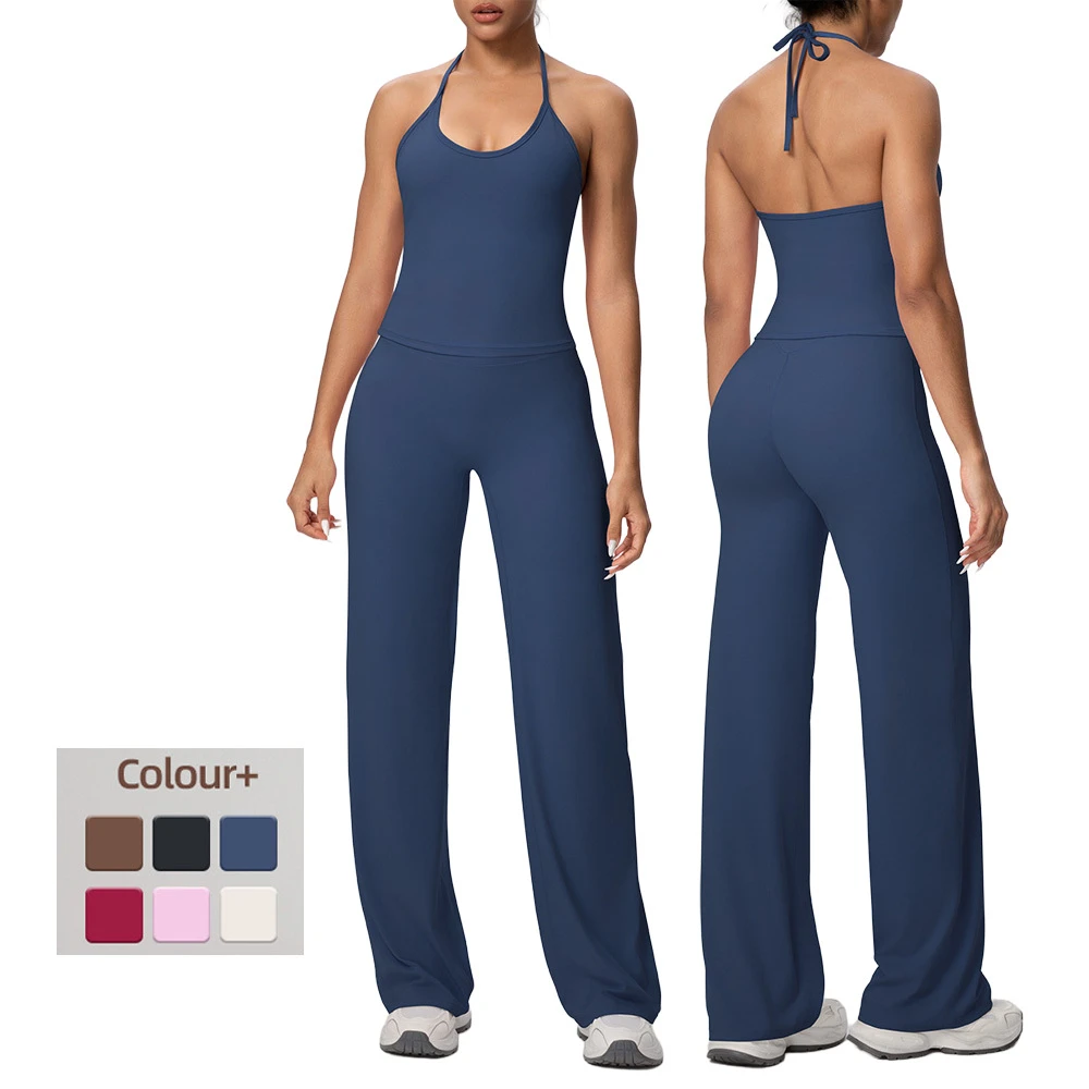Breathable Backless Halter Yoga Top with High Waist Wide Leg Pants 2 Piece Gym Fitness Activewear Set for Women