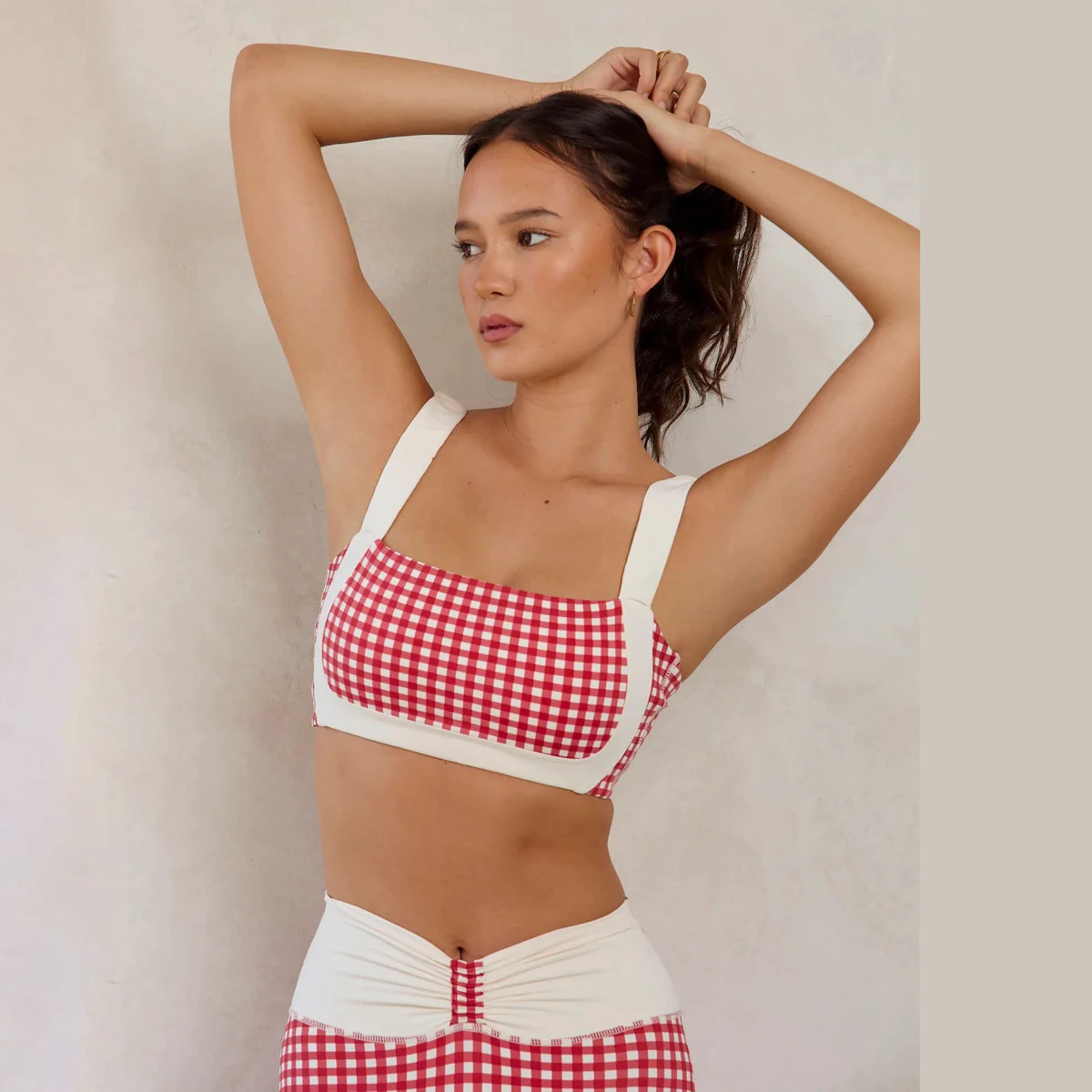 Women's Red Gingham Square Neck Sports Bra With White Spaghetti Straps Contrast Binding Yoga Top Breathable Medium Support
