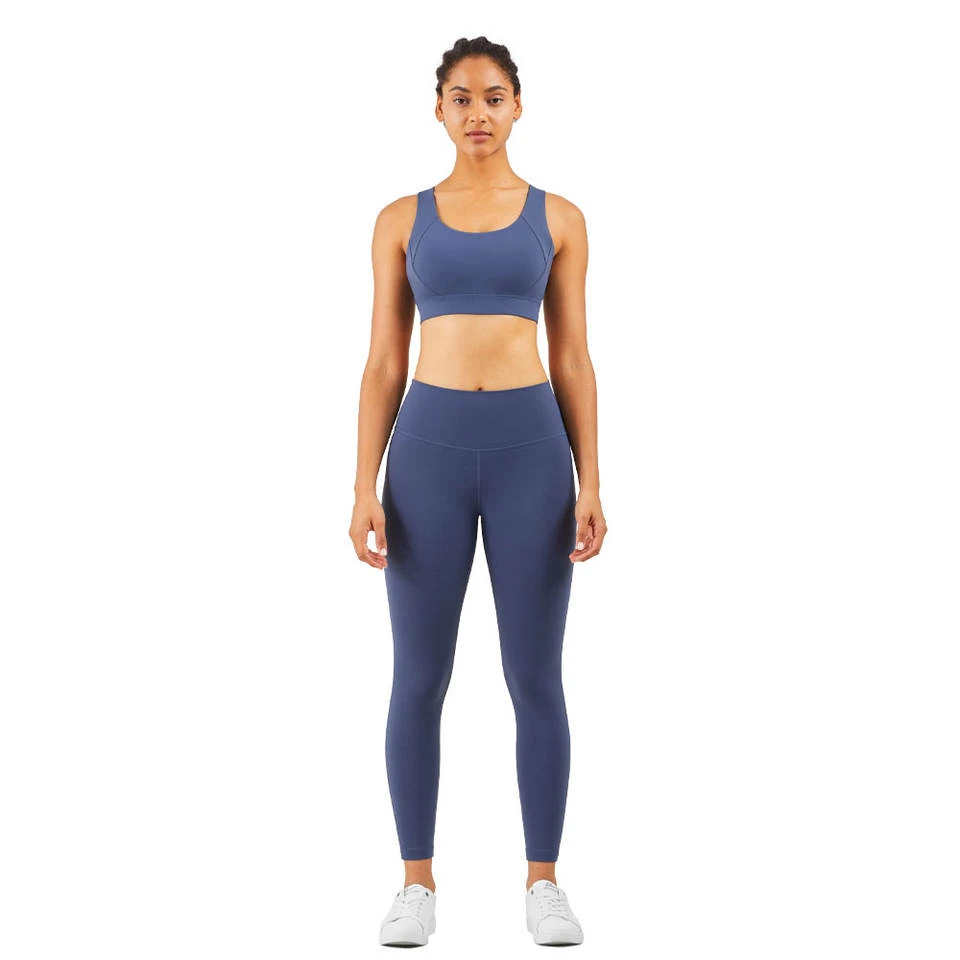 Women's Solid Breathable Workout Gym Fitness Sets Sportswear Clothes Two-Piece Yoga Top Mid Waist Leggings Set with Front Logo