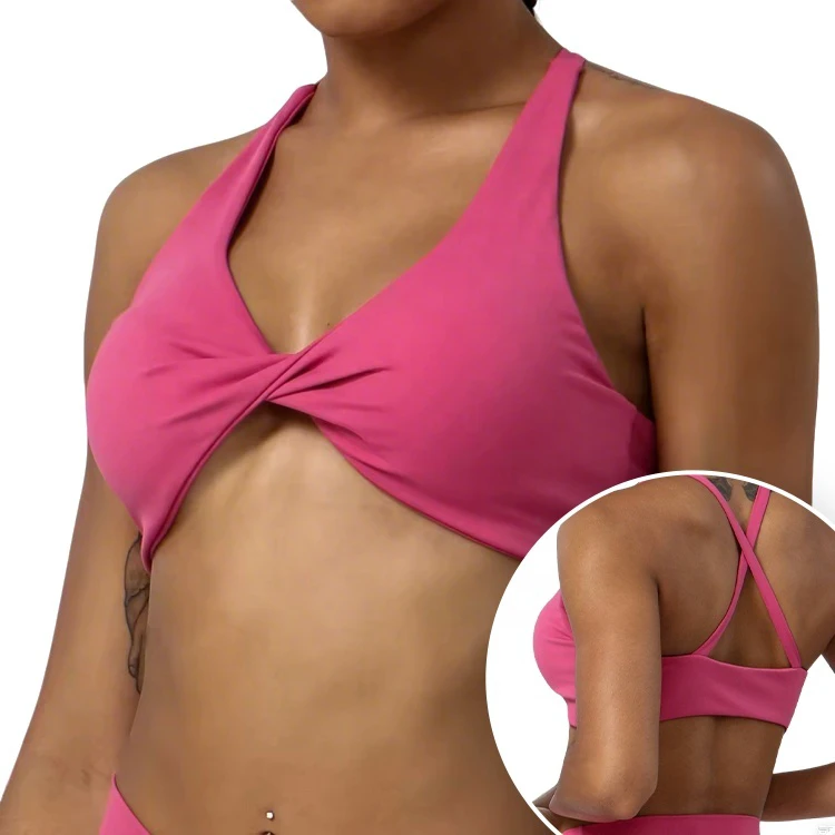 Summer Women's Sexy Twist V-Cup Seamless High Support Yoga Wear Spandex Nylon Nude Soft Sports Bra Outdoor Running Fitness