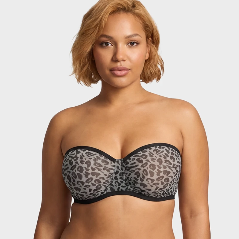 Strapless Breathable Leopard Mesh Underwire Balconette Bra With Seamless Support Push Up For Women