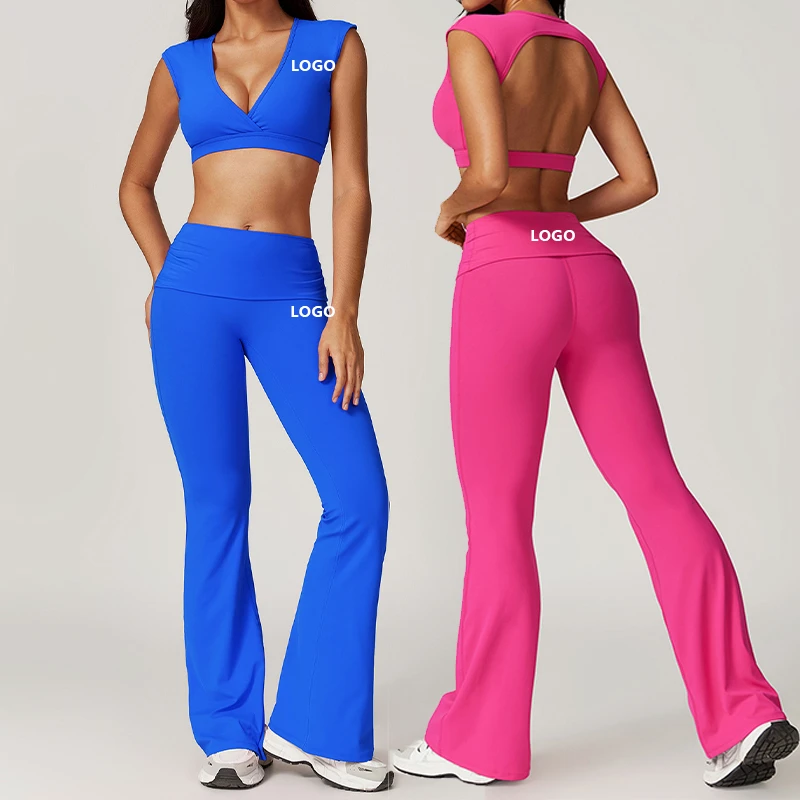 Fashion Flared 2 Pieces Waist Pants Gym Yoga Set Clothing V Neckline Backless Bra Fitness Sportswear Womens Yoga Sets