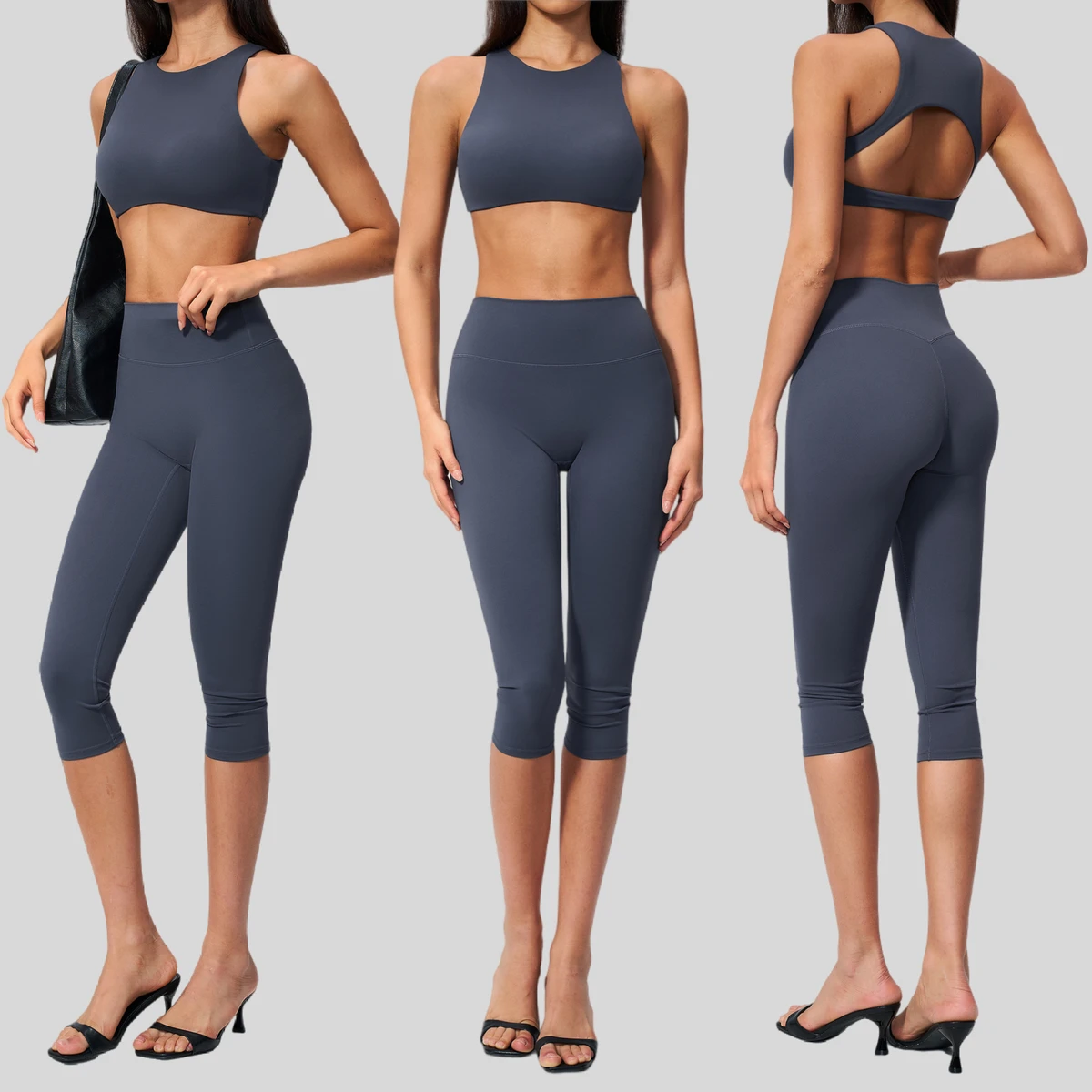 Buttery Soft Crew Neck Strapless 2-Piece Yoga Leggings Set High Waist Hip Lifting Calf-Length Print Workout Pilates