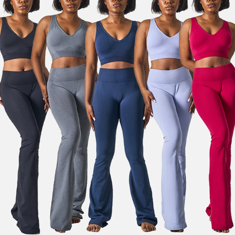 Sk5121& Sk5125 Seamless Slim High Waist Flare Pants Deep V Neck Bra Butt Lifting Fitness Set