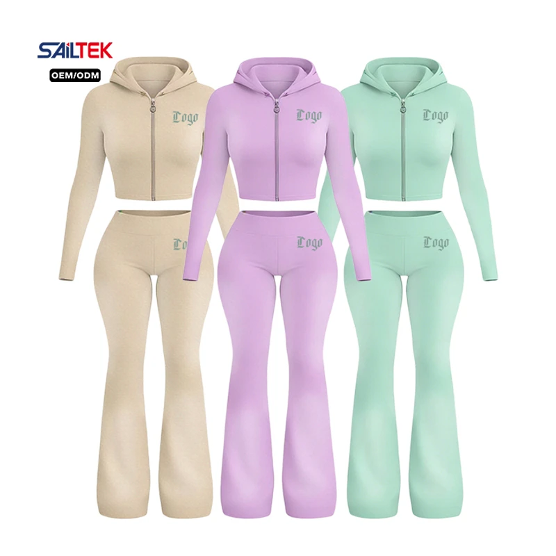 Zip up Hooded Crop Top and High Waist Flare Pants Two Piece Set Slim Fit Yoga Sweatsuit Activewear Outfits for Women Tracksuit