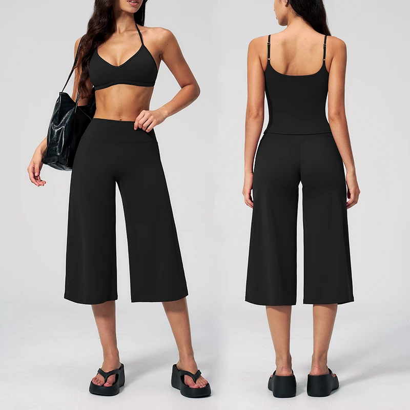 Wholesale High Waisted Wide Leg Cropped Yoga Pants Squat Proof Tummy Control Flowy Sport Culottes for Women