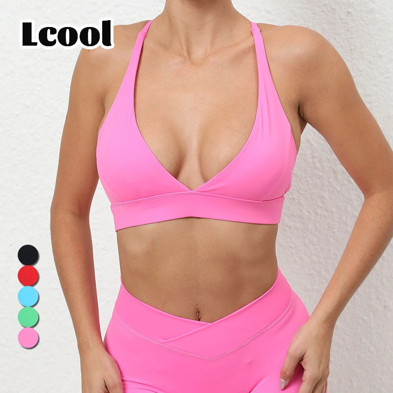 Lcool Women Fitness Sexy Cross Back Yoga Bra Soft Compression Lightweight Shockproof V Neck Sports Bra