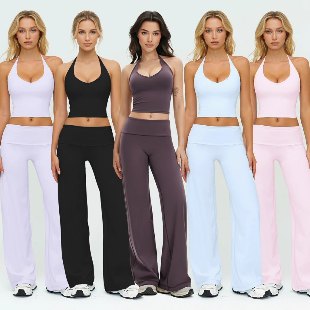 New Top Premium Women's Sexy Halter Neck Top Fold Waist Flare Pants Soft Yoga Pilates Breathable Lightweight High-Waisted Active