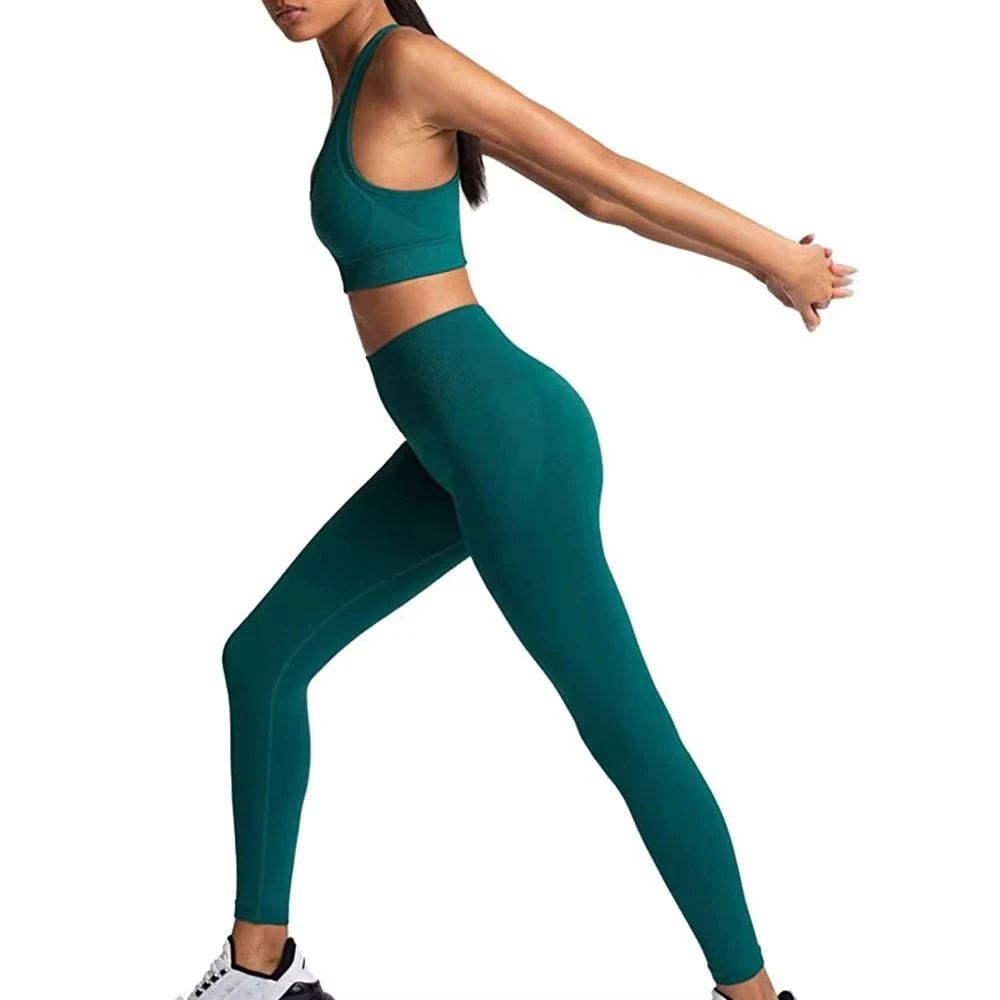 Custom Womens Solid Lace Front Yoga Legging Sports Bra Set High Waist Seamless Breathable Stretch Activewear 2-Piece Set