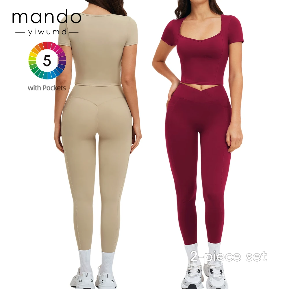 High-quality Women's Pocket Yoga Pant Sets Short Sleeve Crop Top & Front Cross V-Waist Leggings Set