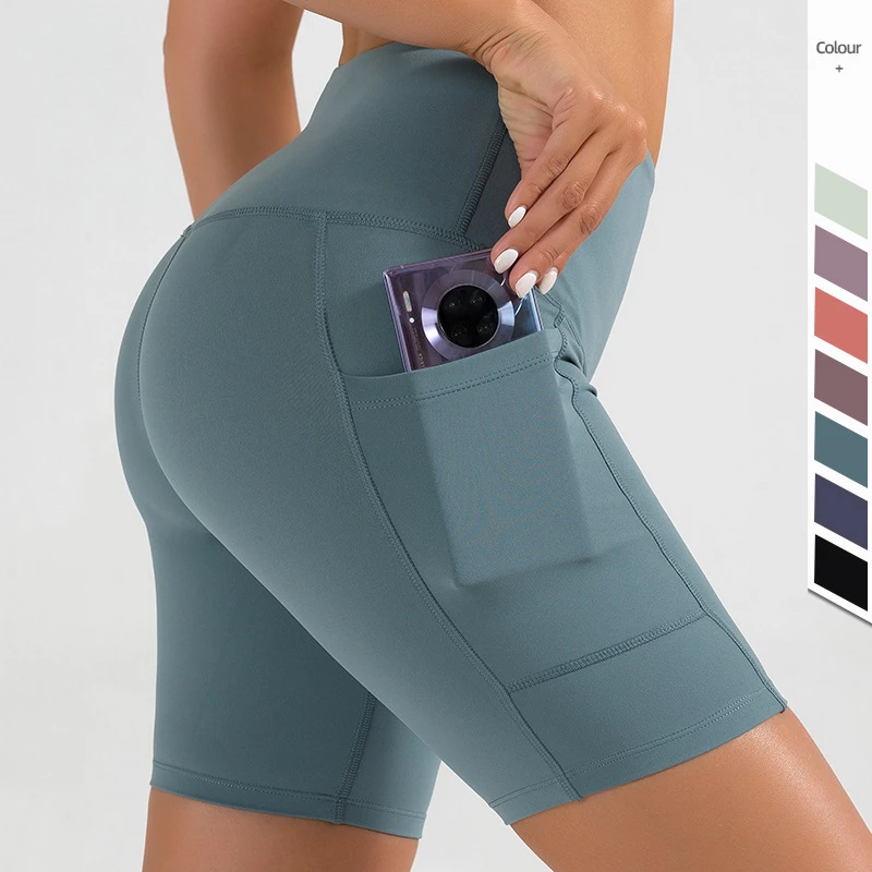 Women's High Waist Tummy Control Side Phone Pocket Quick Dry Breathable Butt Lifting Stretchy Workout Yoga Biker Shorts