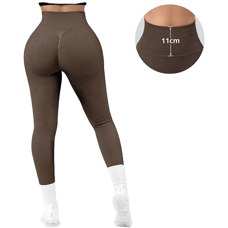 High Waisted Solid Seamless Yoga Pants Women Slim Fit Ribbed Full-Length Leggings Tummy Control Quick Dry Four-Way Stretch Plus