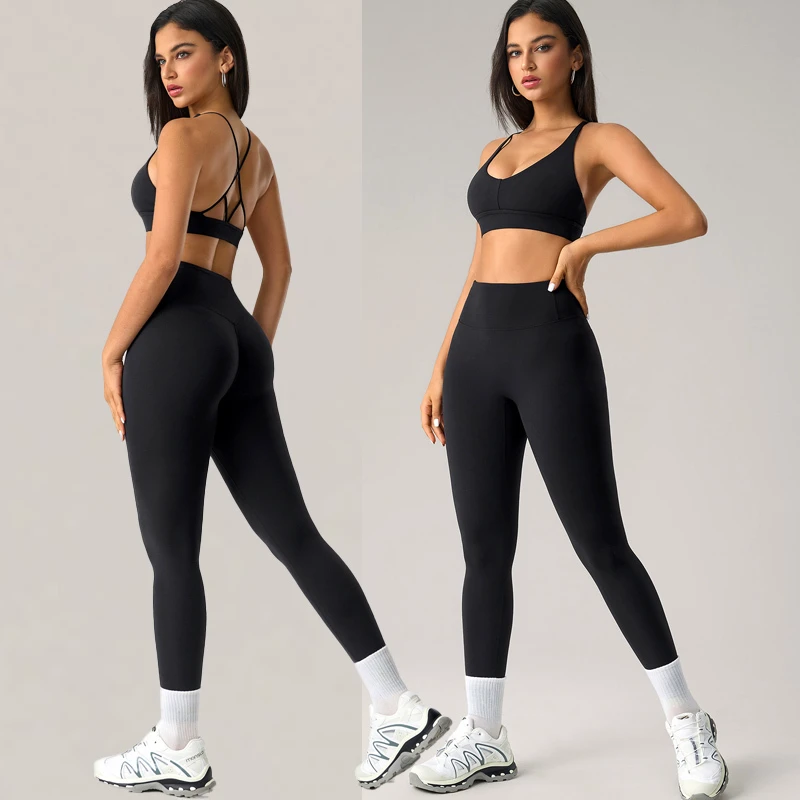 2026 Women's Solid 2-Piece Yoga Set Soft Nylon/Spandex V-neck Seamless Breathable Sports Bra High Waist Butt Lift Leggings