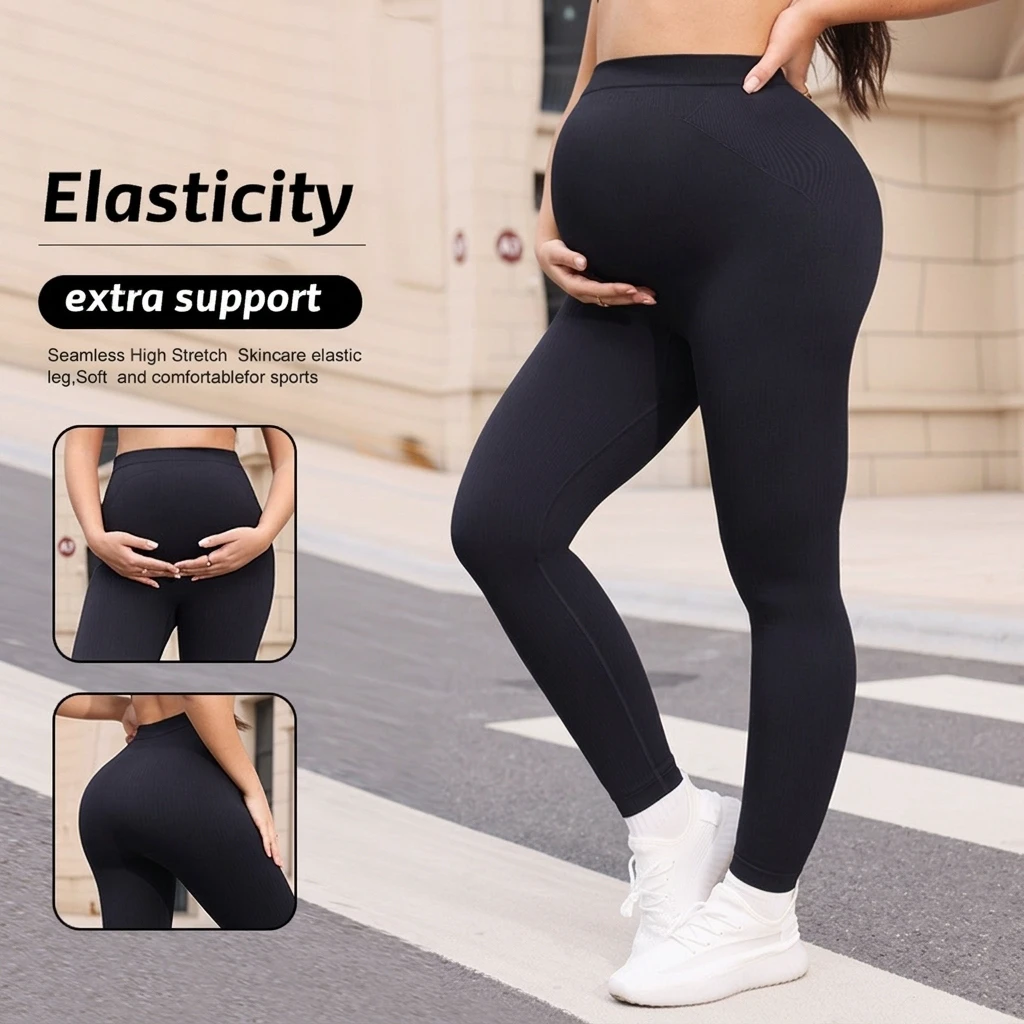 Over the Belly Maternity Leggings High Waist Seamless Pregnancy Yoga Pants Ruched Maternity Activewear for Women Fitness & yoga