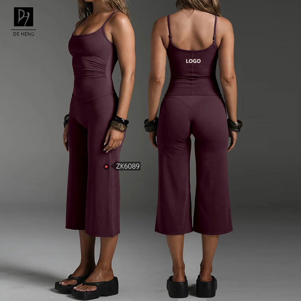 Custom Yoga Tank Top Wide Legs Pants Solid Quick-Drying Adjustable Shaping Fitness Top Women 2-Piece Set Workout Sets for Women