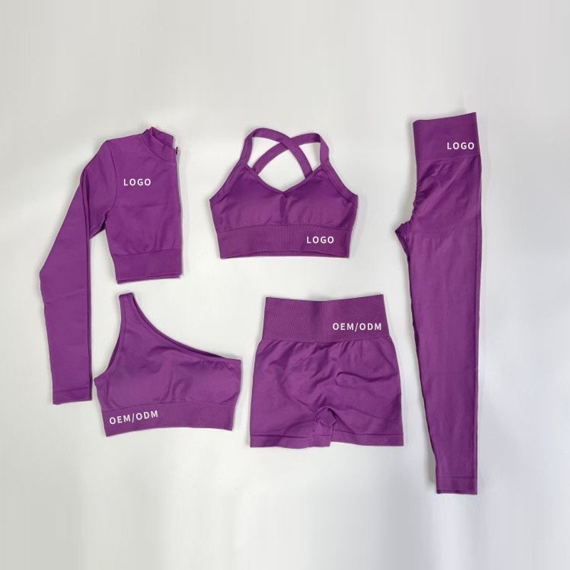Wholesale High Stretch Compression 5 Piece Yoga Set Sport Bra And Booty Lift Panties Set Long Sleeve Tops Set For Women