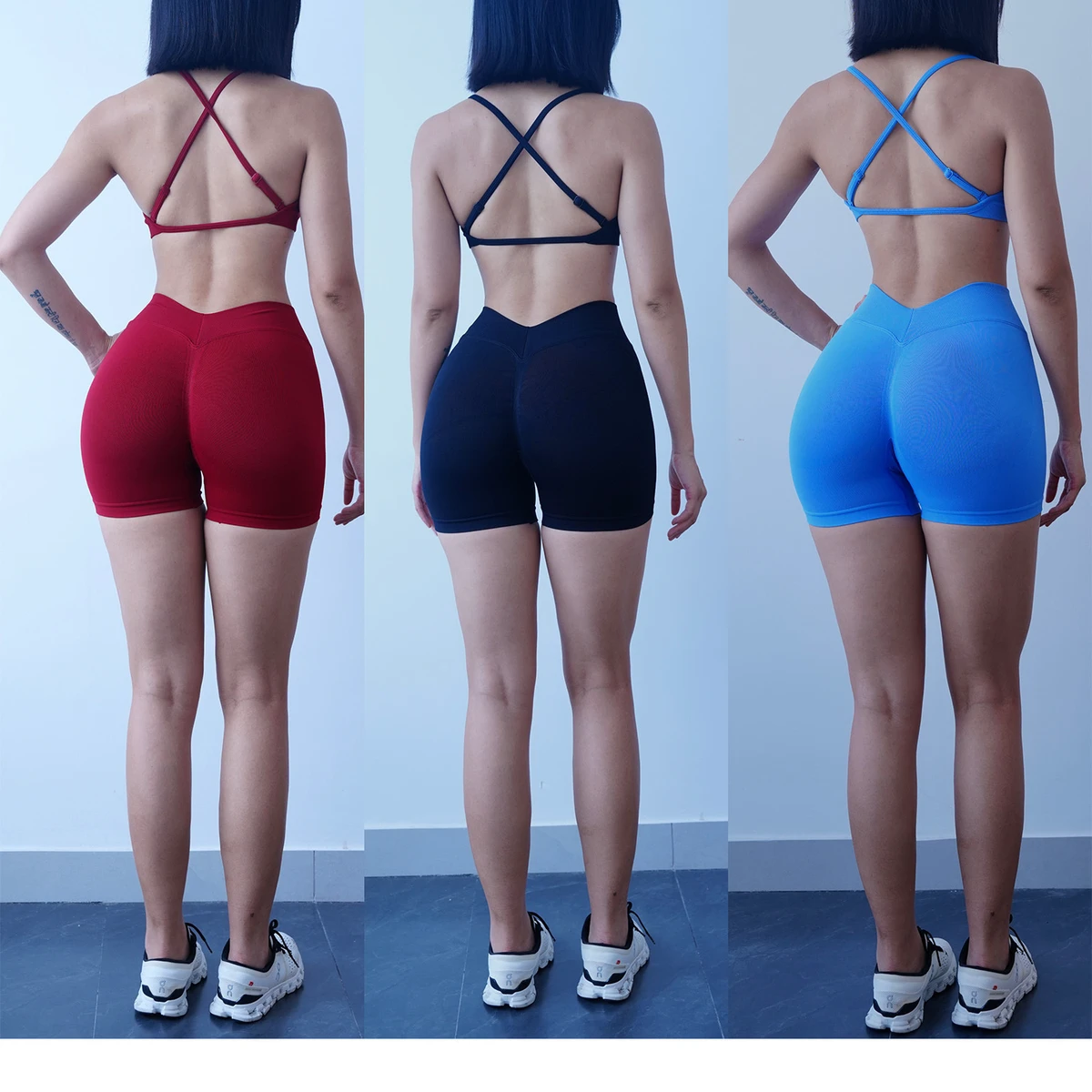 Seamless Solid 2-Piece Yoga Set Women Spaghetti Strap Sports Bra High Waist Ruched Butt Lift Shorts Spandex/Nylon Gym Fitness