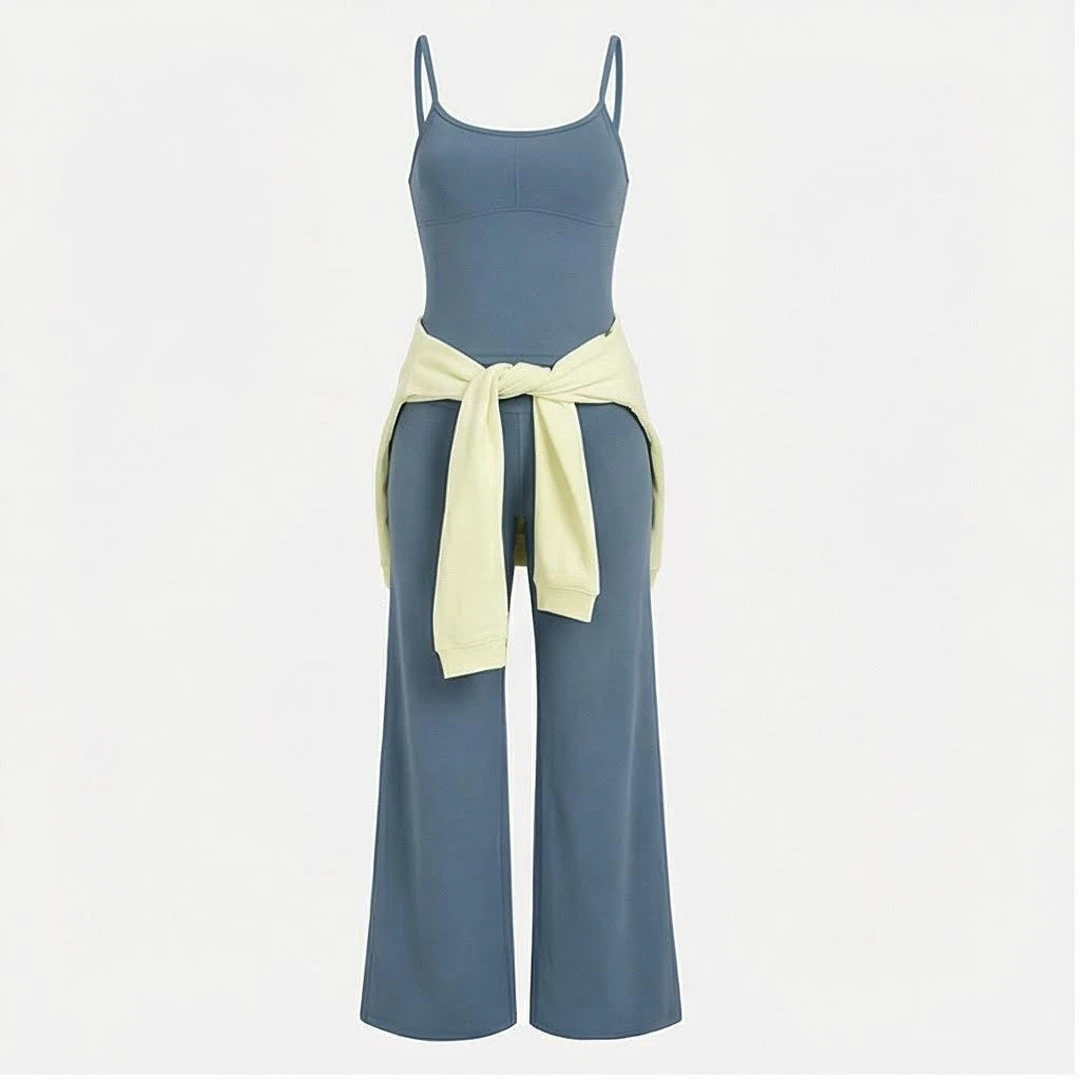 2 Piece Yoga Set Spaghetti Strap High Waist Full Length Solid Color Breathable Seamless Women's Sportswear With Self-Tie Belt