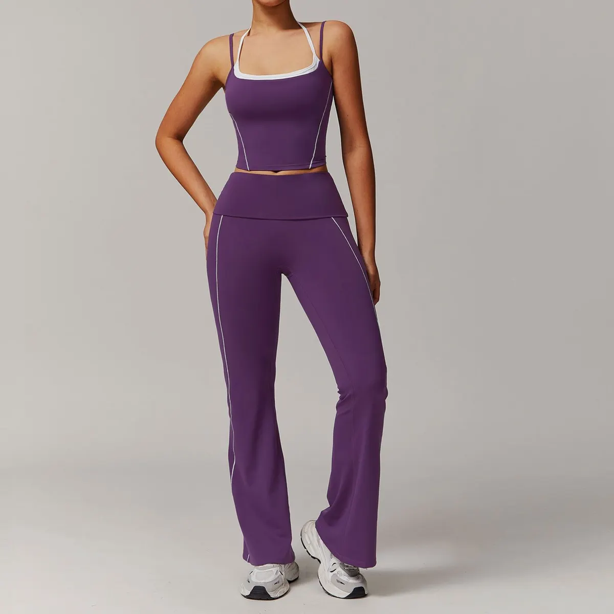 Faux Two-Piece Halter Neck Beautiful Back Yoga Set with Fold-over High Waist Leggings Casual Versatile Fitness Sports Wear