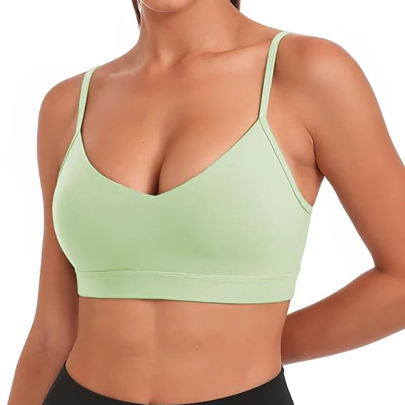 Wholesale Women's Light Lime Green Spaghetti Strap Yoga Bra Removable Pads Low Support V Neck