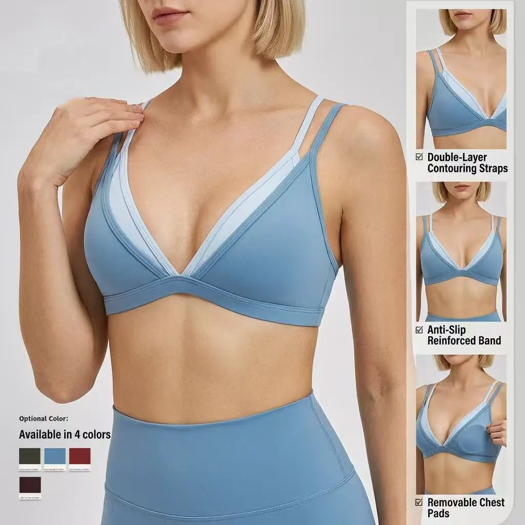 Custom Logo Contrast Color Double Shoulder Straps Removable Chest Pad High Support Comfortable Gym Yoga Sport Bra Ropa De Top