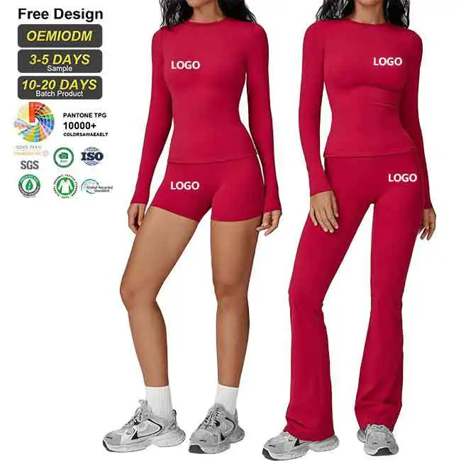 Factory Direct Women Yoga Apparel Custom Logo Low Moq Nylon Spandex Moisture Wicking Design Long Sleeve 3 Piece Gym Fitness Set