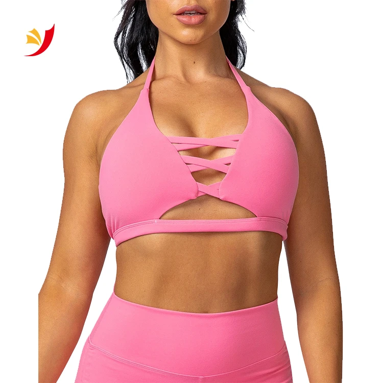 Hot Selling Women Fitness Wear High Impact Front Cross Strap Padded Halter Sports Bra