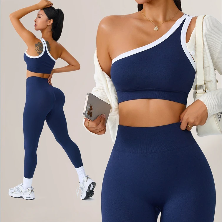 Plus Size Solid Color Custom Women's Yoga Wear Pants Set Sports Bra Pilates Fitness Outdoor Tight Sports Suit One-shoulder