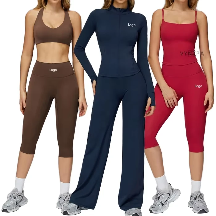 Wholesale Plus Size Women's Active Wear Gym Sportswear Custom Logo Jackets Tight Cropped Pants 5-Piece Yoga Sets Quick Dry