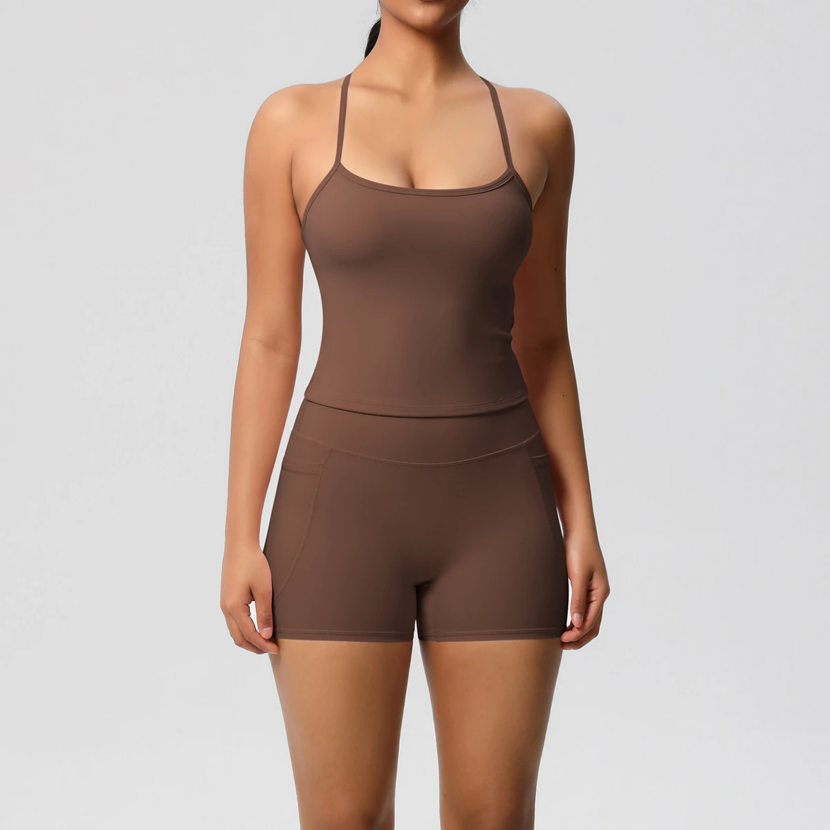 Women's Soft Solid Color Cloud-Feel Yoga Set-Seamless Back Sports Bra With Pocket Leggings Breathable Training Workout Outfit