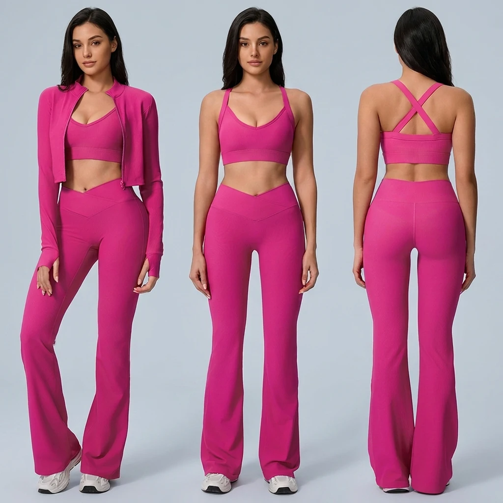 Custom Seamless Sportswear Set Solid Pattern Sport Bra Jacket Long Sleeves Pants-3 Piece Gym Fitness Yoga Activewear Suit