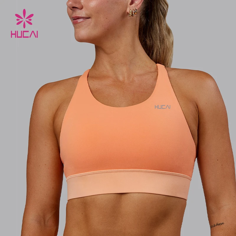 HUCAI Custom Nylon U Neck Patchwork Adjustable Straps Removable Padding High Supportive Running Sports Bra Women