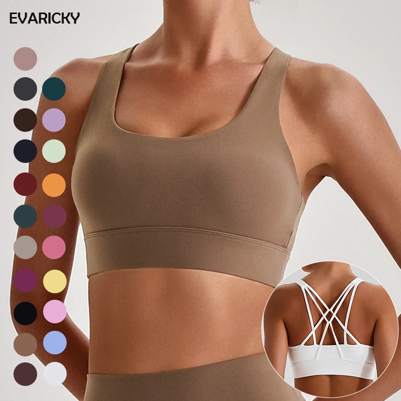 EVARICKY Womens High Support Cross Back Sports Bra Removable Padded Cups Four-Way Stretch Spandex Running Gym Yoga Crop Tops
