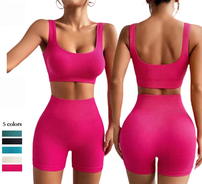 Women's Seamless Ribbed Yoga Workout Set 2-Piece Gym Suits with High Waist Crop Tank Shorts for Fitness Running Solid Pattern