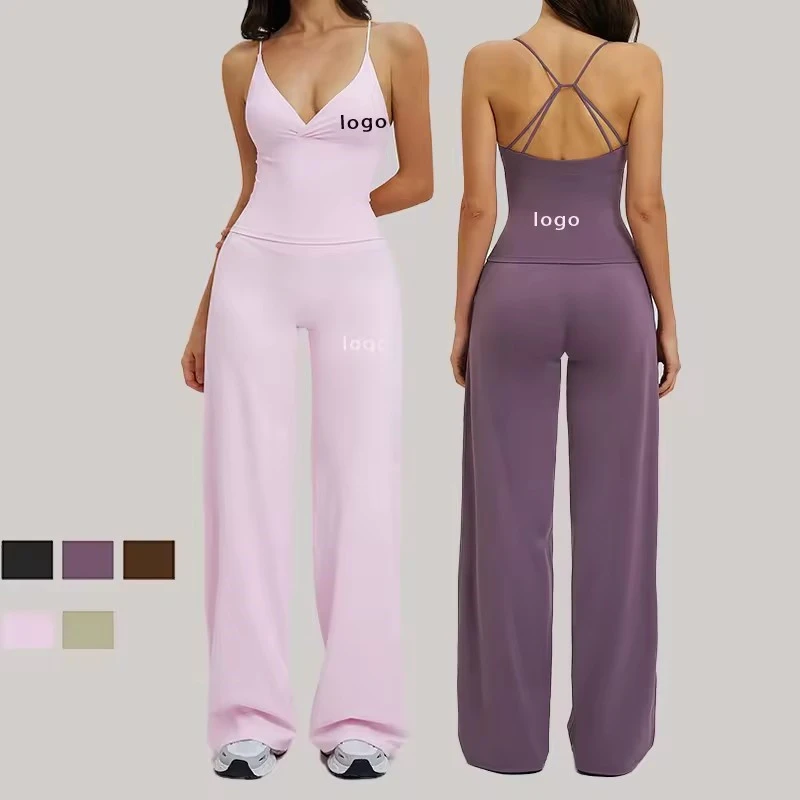 ZC0305 Custom Gym Fitness Sets High Waist Straight Leg Pants New Fashion Backless Vest Running Yoga Workout Wear Sets