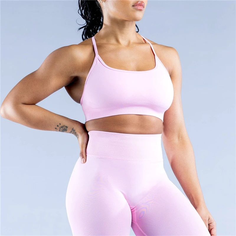 Women's Seamless Yoga Sports Bra with Custom Logo Open Back Gym Crop Top with Cross Straps Front Logo Fitness Workout Underwear