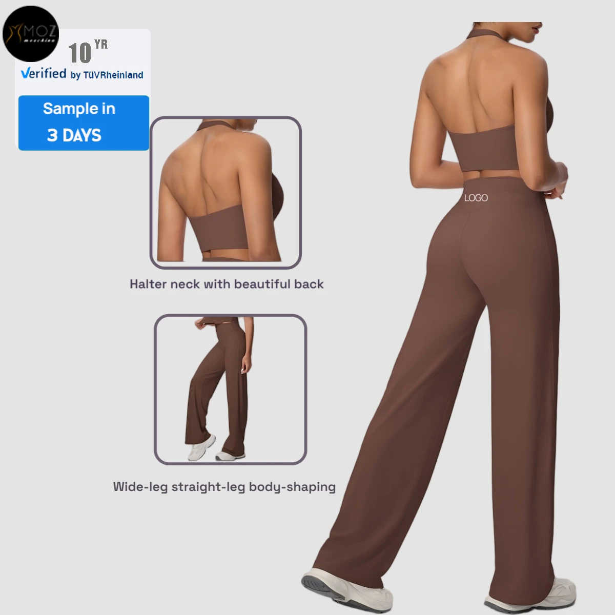 Women's Plus Size Breathable Quick-Dry 2-Piece Solid Brushed Halter Backless Bra & Wide-Leg Pants Yoga Activewear Set