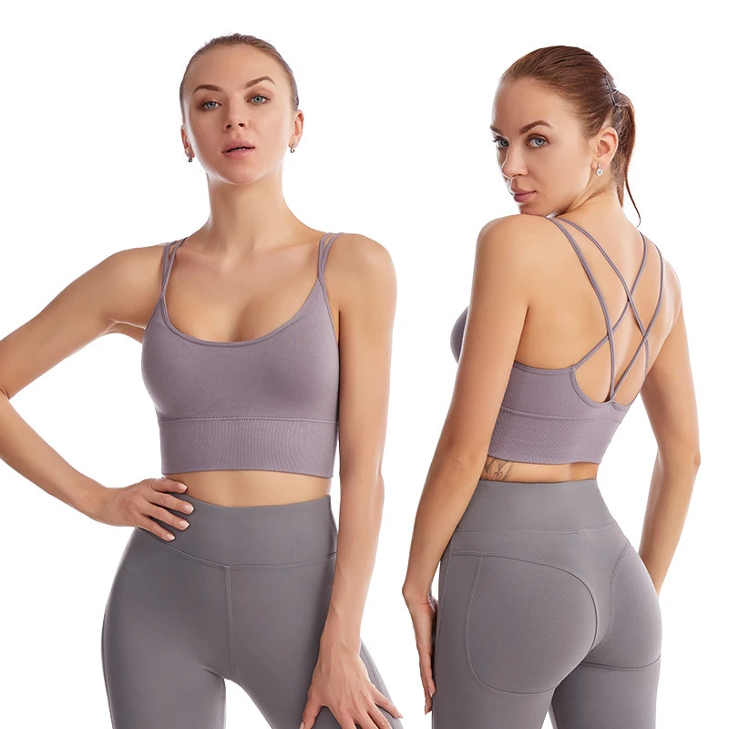 Women's XL Plus Size Seamless Cross Back Camisole Yoga Sports Bra Removable Chest Pads Breathable Fitness Top for Adults Gym