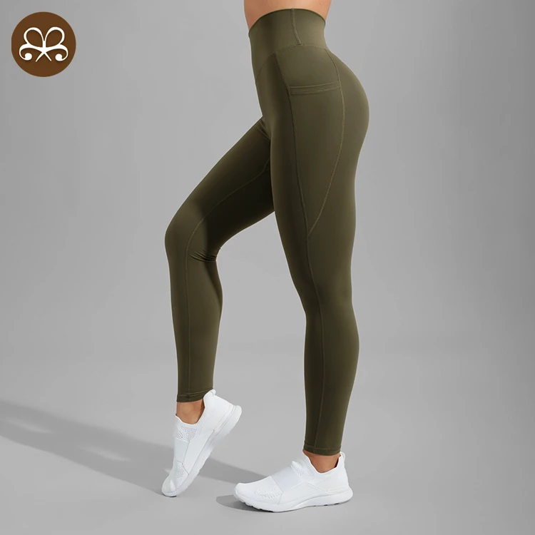 No Front Rise Seam High Waist Women Fitness Gym Yoga Tights Side Pocket Leggings