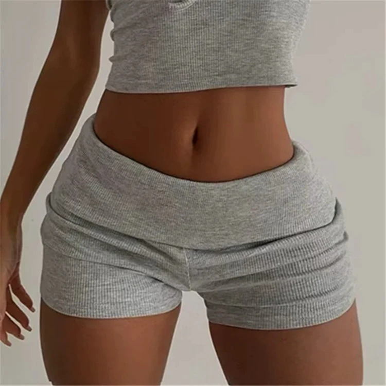 CNSHELL Biker Waistband Fold Double Layer Above Knee Length Micro Rib Sports Yoga Shorts Women Nude