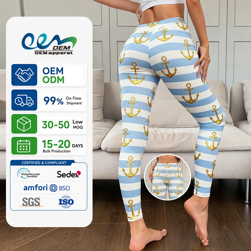 Custom Logo Sportswear Manufacturer Women High Waist Anchor AOP DTG Printing Soft Stretch Gym Training Pilates Yoga Leggings