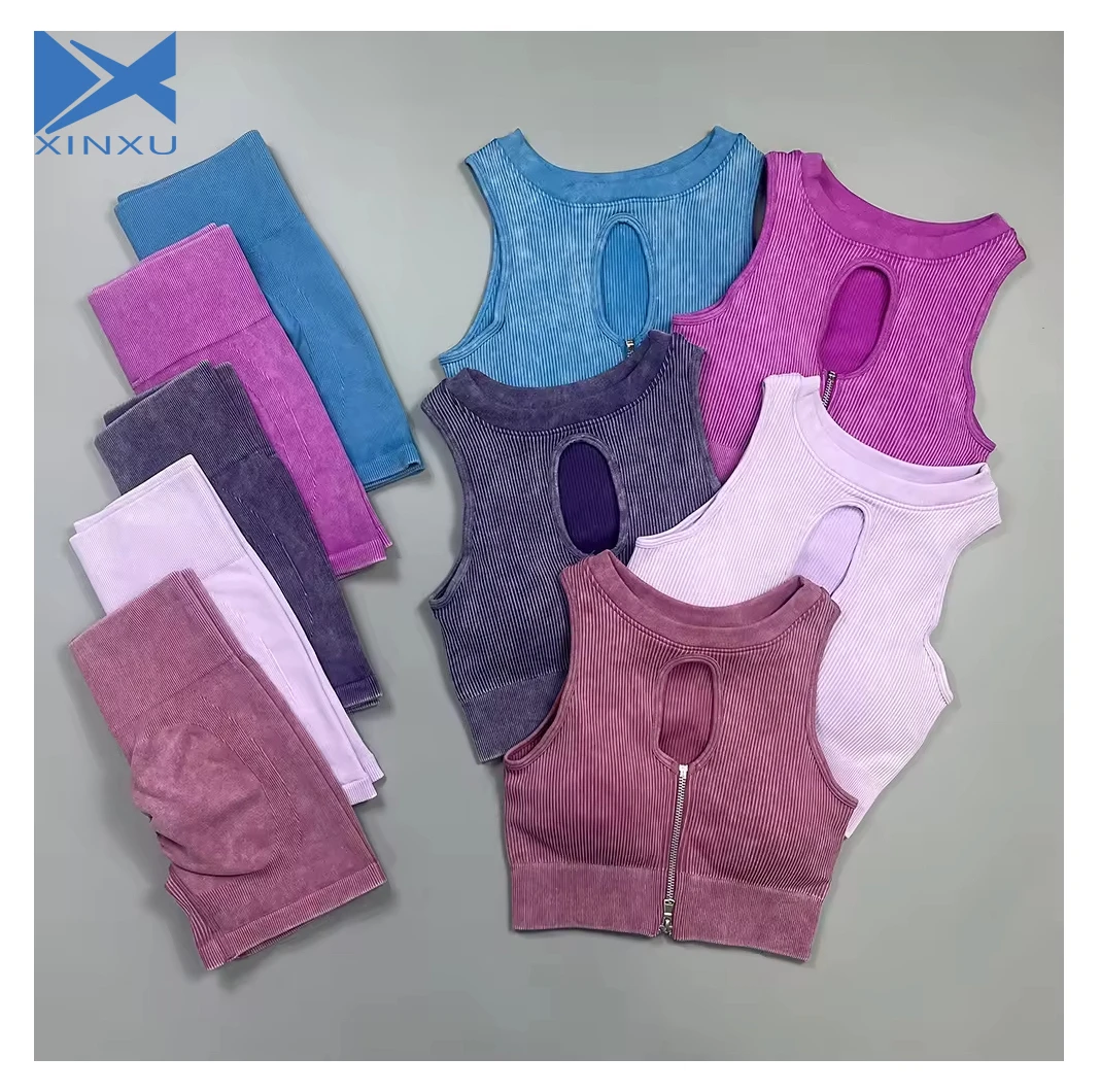 XINXU Wholesale Yoga Sets Solid Sports Zipper Bra Ribbed Top Quick-dry Fitness Women Yoga 5pcs Sets Gym