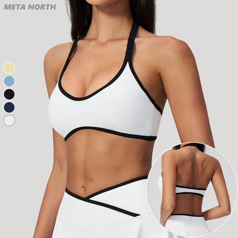 Color Blocking Breathable Halter Sport Bra Quick Dry Backless Deep U Neck Fashion Workout Bra Light Weight Women's Gym Bra