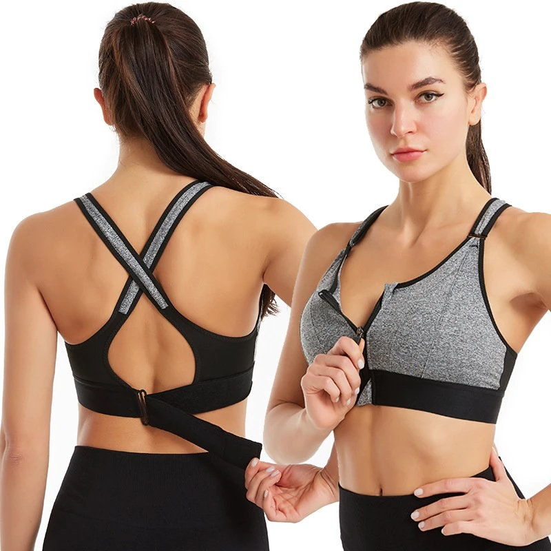 Adjustable Front-zip Reversible Breathable Sweat-absorbing High Support Shockproof Wireless Sports Bra Yoga Top XL Cross-back