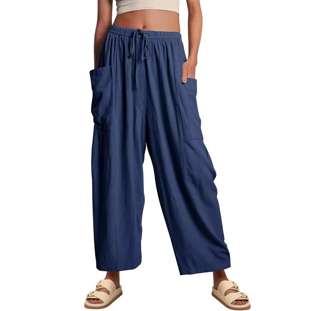 2025 Cross-Border Women's Casual Cotton Hemp Pants Mid-Waist Straight Leg Elastic Waist Fold Loose Fit for Spring Summer Europe