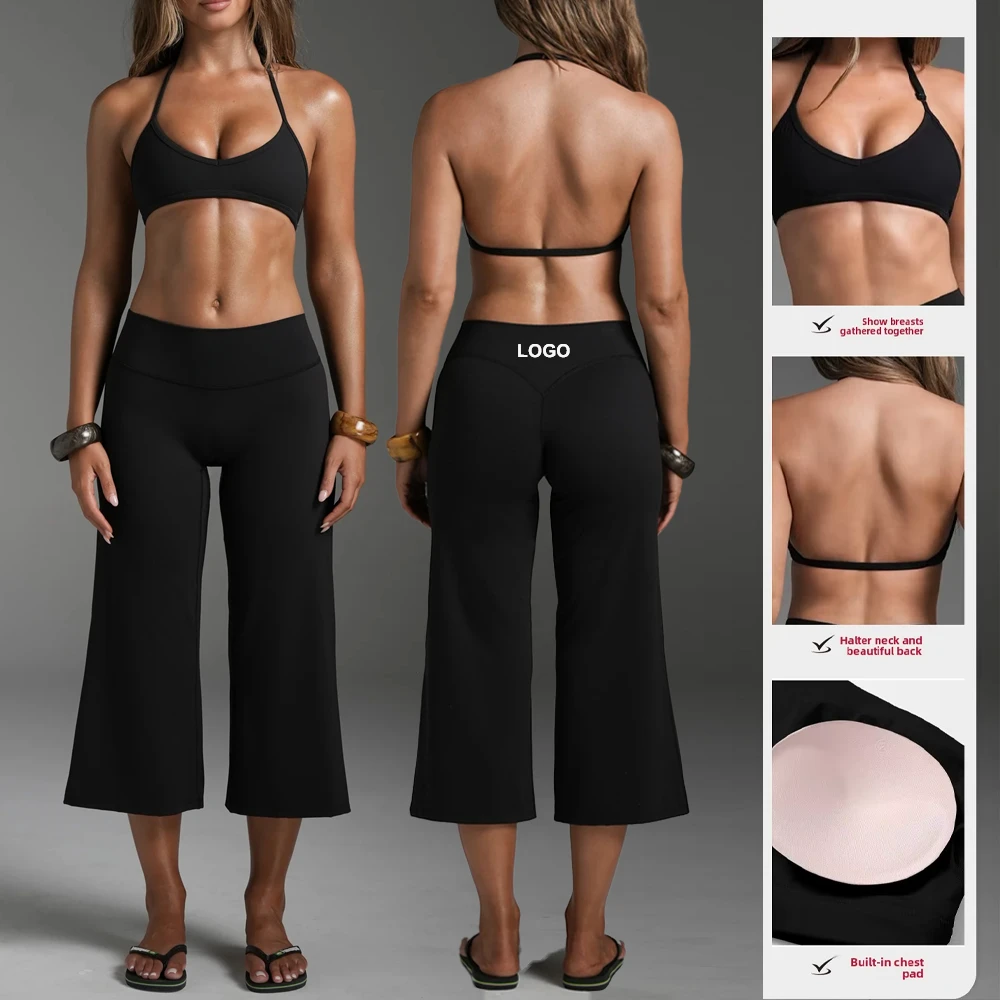 New Lightweight Halter Sports Bra & Calf-Length Wide Legs Yoga Leggings High-Waisted Yoga Activewear Women 2 Piece Sets