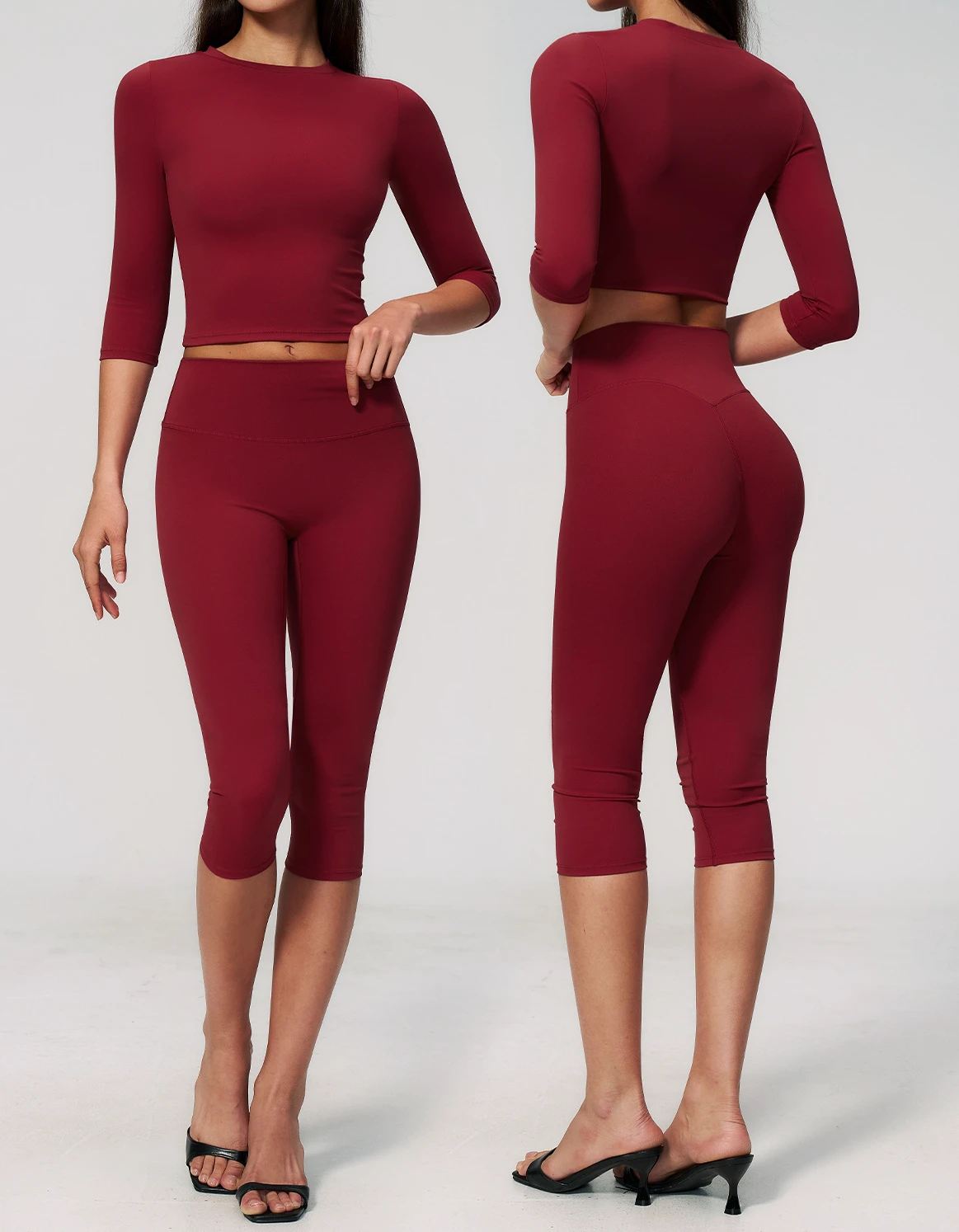 Women Sports Wear Exercise Track Suits Workout No Front Seam Calf-Length Leggings Buttery Soft 2 Piece Long Sleeve Yoga Gym Set
