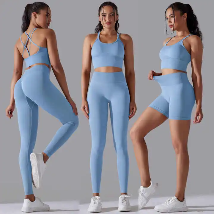 Women's High Stretch Breathable Gym Clothing 2pcs Sexy Cross Bra and Pants Yoga Set Fashionable Seamless Workout Set