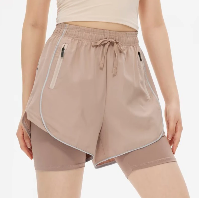 Women's High Waist Double-Layer Anti-Running Quick-Drying Three-Part Sports Light Fitness Pants Long Lining Yoga Shorts